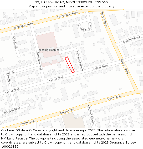 22, HARROW ROAD, MIDDLESBROUGH, TS5 5NX: Location map and indicative extent of plot