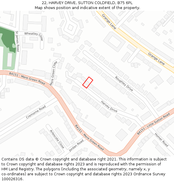 22, HARVEY DRIVE, SUTTON COLDFIELD, B75 6PL: Location map and indicative extent of plot