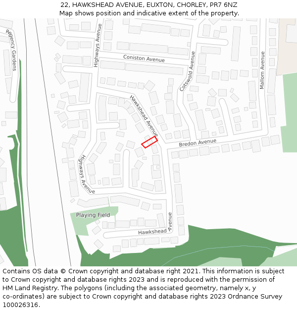 22, HAWKSHEAD AVENUE, EUXTON, CHORLEY, PR7 6NZ: Location map and indicative extent of plot