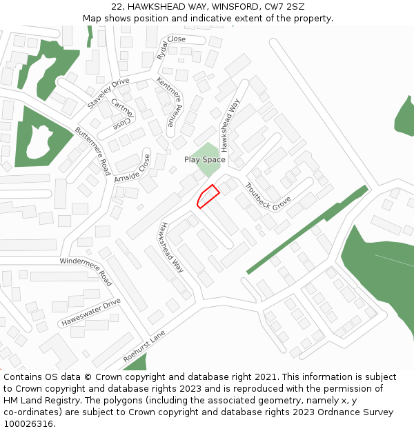 22, HAWKSHEAD WAY, WINSFORD, CW7 2SZ: Location map and indicative extent of plot