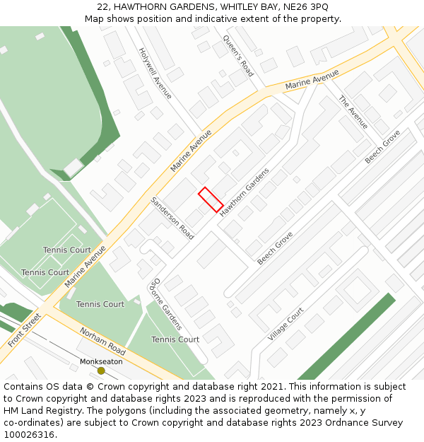 22, HAWTHORN GARDENS, WHITLEY BAY, NE26 3PQ: Location map and indicative extent of plot