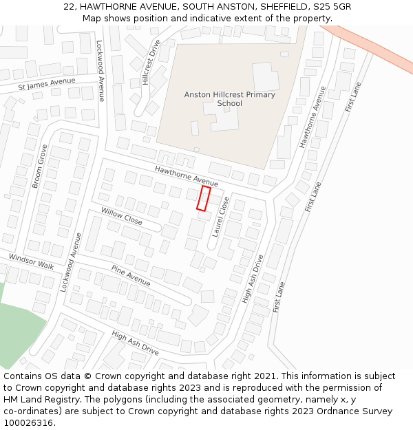 22, HAWTHORNE AVENUE, SOUTH ANSTON, SHEFFIELD, S25 5GR: Location map and indicative extent of plot