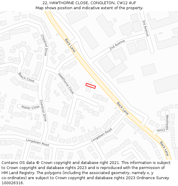 22, HAWTHORNE CLOSE, CONGLETON, CW12 4UF: Location map and indicative extent of plot