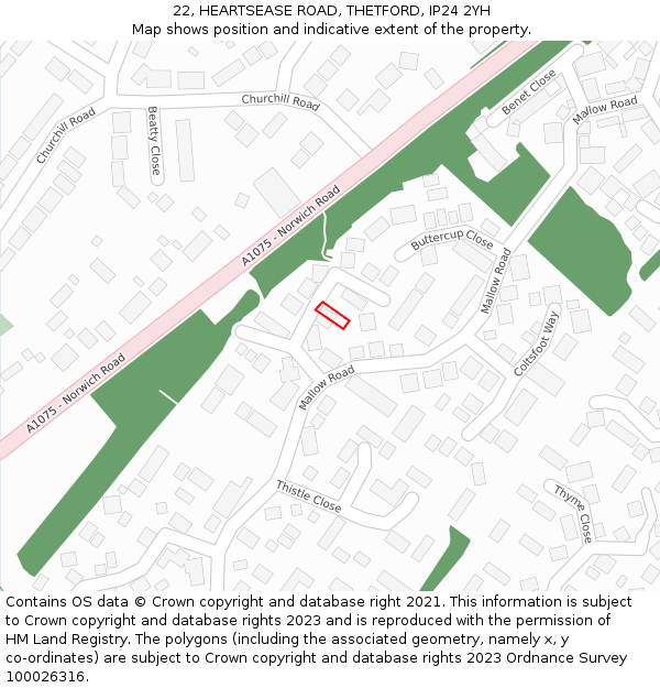 22, HEARTSEASE ROAD, THETFORD, IP24 2YH: Location map and indicative extent of plot