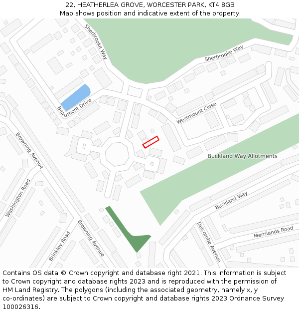 22, HEATHERLEA GROVE, WORCESTER PARK, KT4 8GB: Location map and indicative extent of plot
