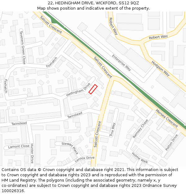 22, HEDINGHAM DRIVE, WICKFORD, SS12 9QZ: Location map and indicative extent of plot