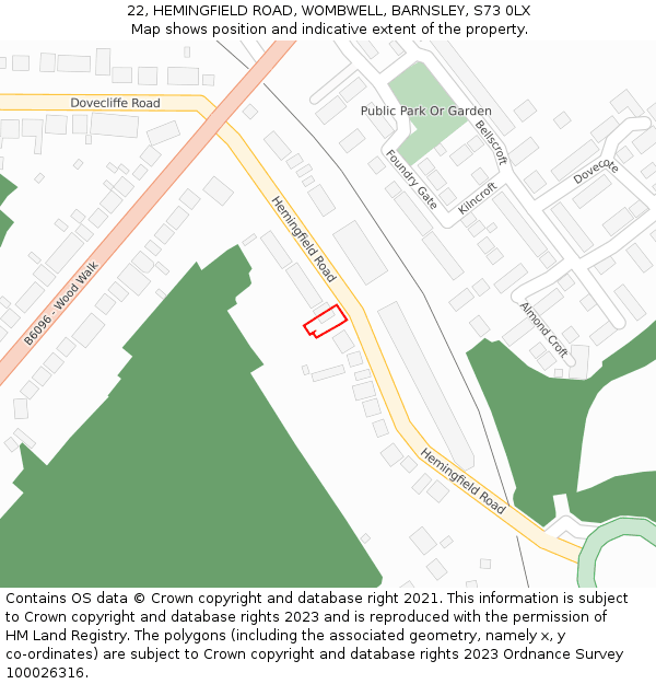 22, HEMINGFIELD ROAD, WOMBWELL, BARNSLEY, S73 0LX: Location map and indicative extent of plot