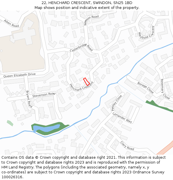 22, HENCHARD CRESCENT, SWINDON, SN25 1BD: Location map and indicative extent of plot