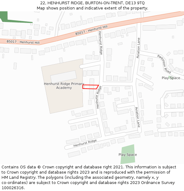 22, HENHURST RIDGE, BURTON-ON-TRENT, DE13 9TQ: Location map and indicative extent of plot