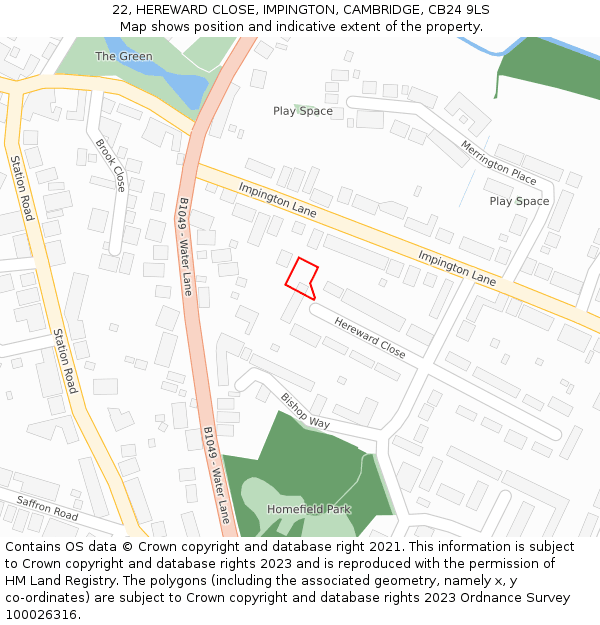 22, HEREWARD CLOSE, IMPINGTON, CAMBRIDGE, CB24 9LS: Location map and indicative extent of plot