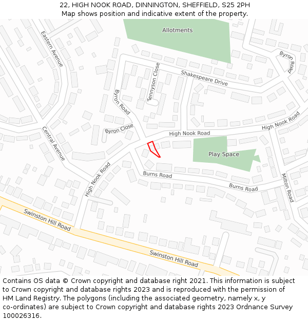 22, HIGH NOOK ROAD, DINNINGTON, SHEFFIELD, S25 2PH: Location map and indicative extent of plot