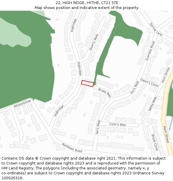 22, HIGH RIDGE, HYTHE, CT21 5TE: Location map and indicative extent of plot