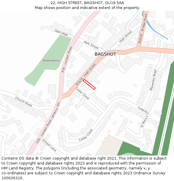 22, HIGH STREET, BAGSHOT, GU19 5AA: Location map and indicative extent of plot