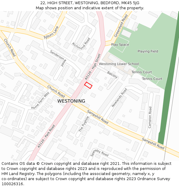 22, HIGH STREET, WESTONING, BEDFORD, MK45 5JG: Location map and indicative extent of plot