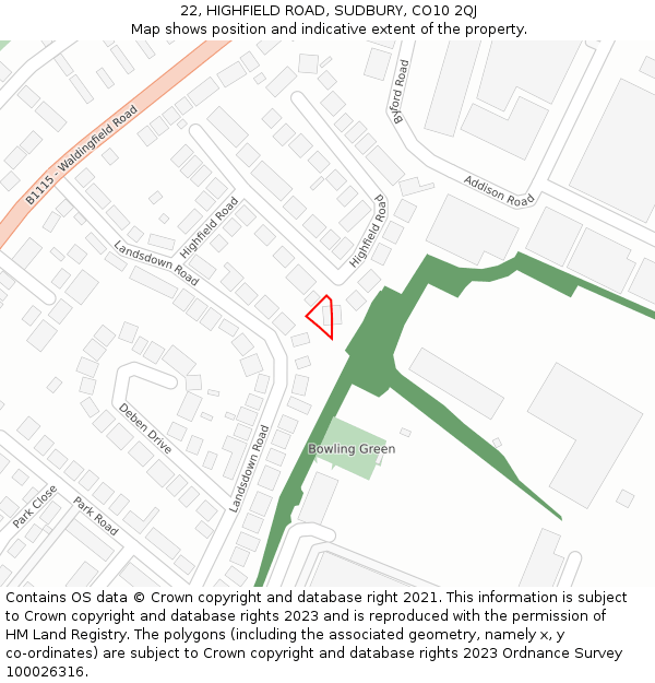 22, HIGHFIELD ROAD, SUDBURY, CO10 2QJ: Location map and indicative extent of plot