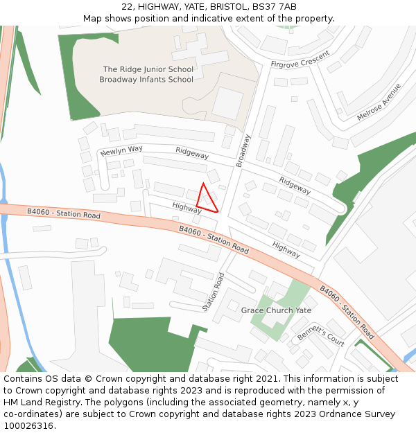 22, HIGHWAY, YATE, BRISTOL, BS37 7AB: Location map and indicative extent of plot