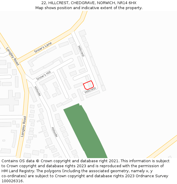 22, HILLCREST, CHEDGRAVE, NORWICH, NR14 6HX: Location map and indicative extent of plot