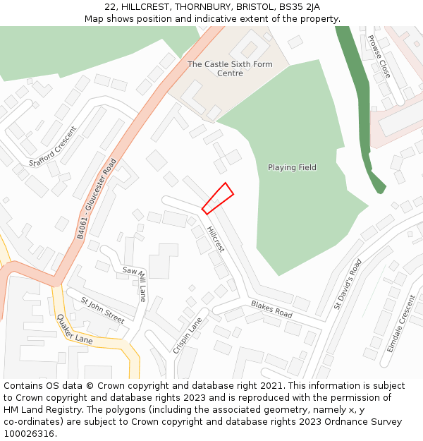 22, HILLCREST, THORNBURY, BRISTOL, BS35 2JA: Location map and indicative extent of plot