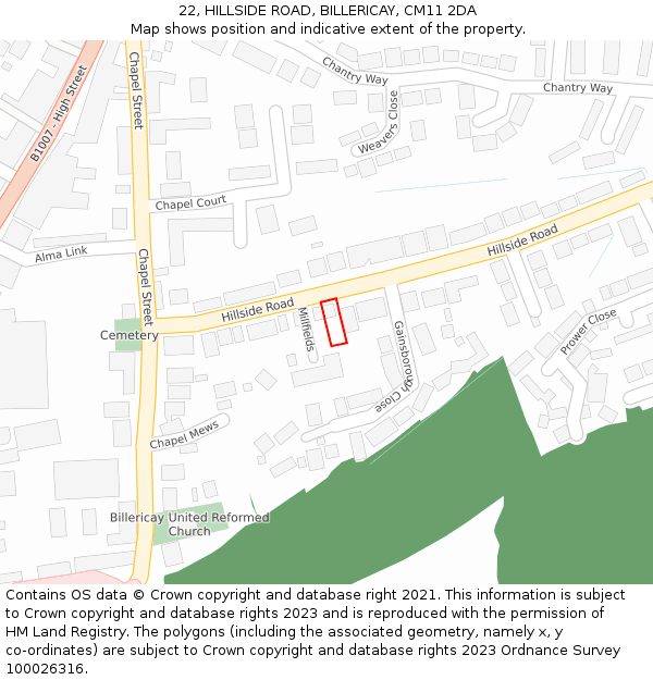 22, HILLSIDE ROAD, BILLERICAY, CM11 2DA: Location map and indicative extent of plot
