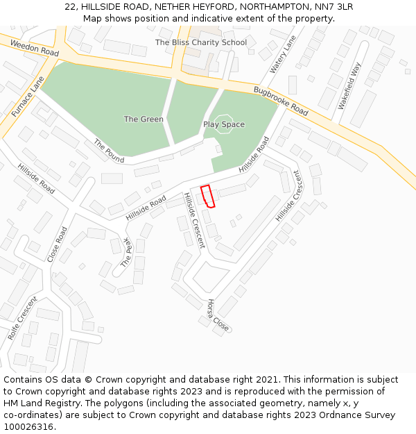 22, HILLSIDE ROAD, NETHER HEYFORD, NORTHAMPTON, NN7 3LR: Location map and indicative extent of plot