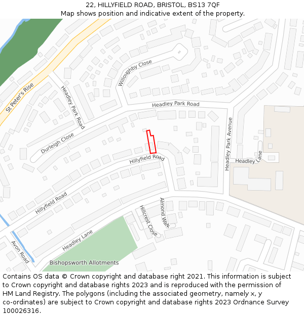 22, HILLYFIELD ROAD, BRISTOL, BS13 7QF: Location map and indicative extent of plot