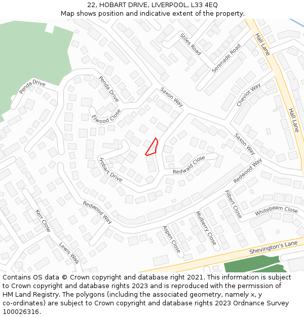 22, HOBART DRIVE, LIVERPOOL, L33 4EQ: Location map and indicative extent of plot