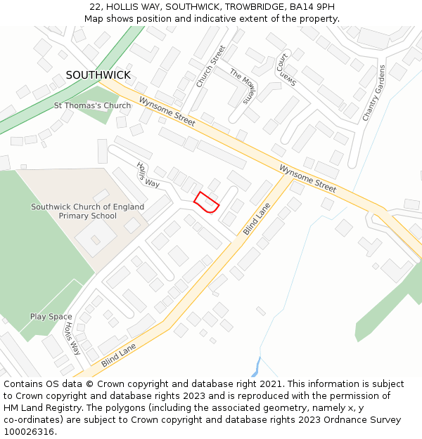 22, HOLLIS WAY, SOUTHWICK, TROWBRIDGE, BA14 9PH: Location map and indicative extent of plot