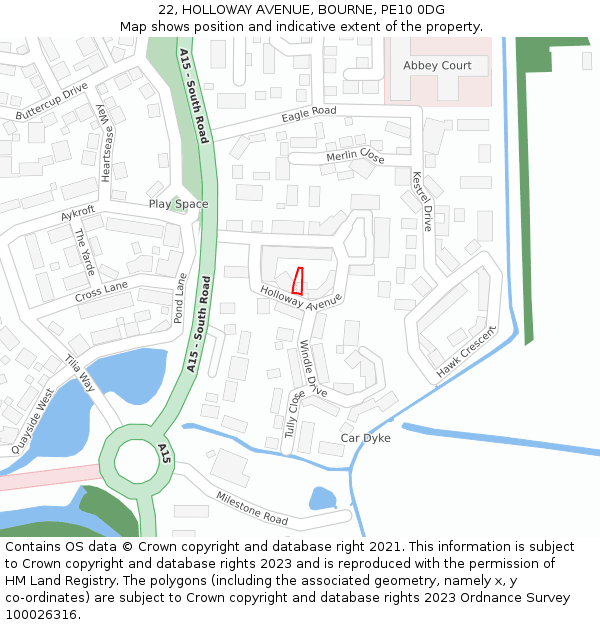 22, HOLLOWAY AVENUE, BOURNE, PE10 0DG: Location map and indicative extent of plot