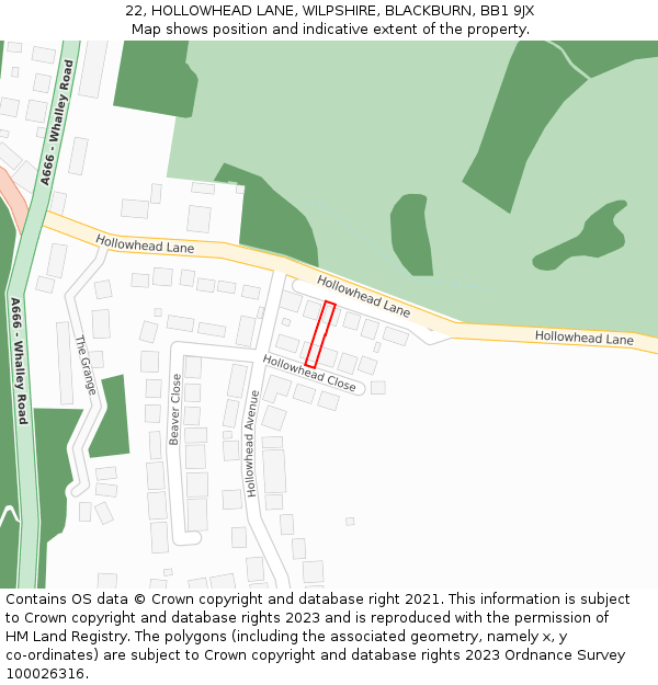 22, HOLLOWHEAD LANE, WILPSHIRE, BLACKBURN, BB1 9JX: Location map and indicative extent of plot