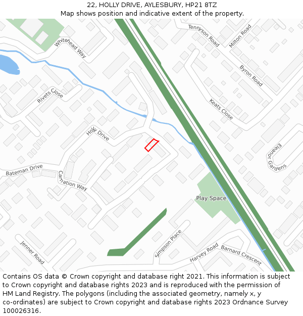 22, HOLLY DRIVE, AYLESBURY, HP21 8TZ: Location map and indicative extent of plot