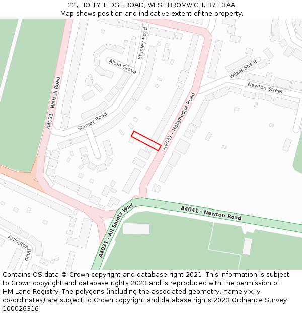 22, HOLLYHEDGE ROAD, WEST BROMWICH, B71 3AA: Location map and indicative extent of plot
