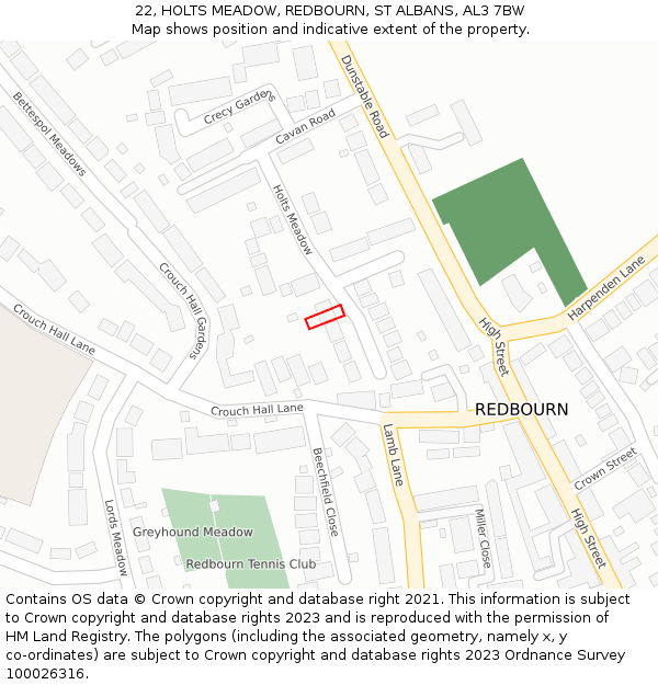 22, HOLTS MEADOW, REDBOURN, ST ALBANS, AL3 7BW: Location map and indicative extent of plot