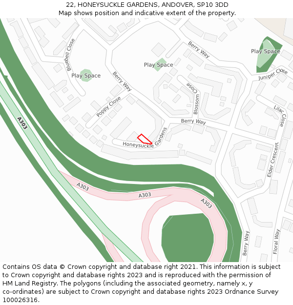 22, HONEYSUCKLE GARDENS, ANDOVER, SP10 3DD: Location map and indicative extent of plot