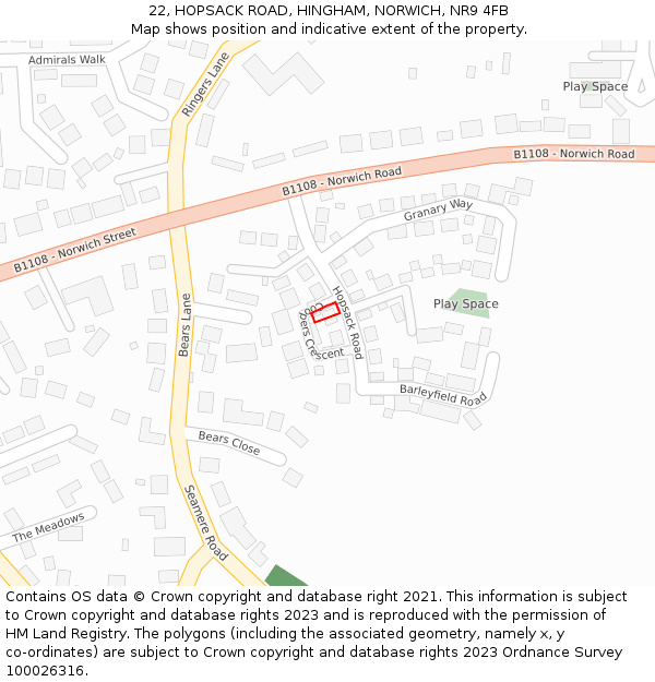 22, HOPSACK ROAD, HINGHAM, NORWICH, NR9 4FB: Location map and indicative extent of plot