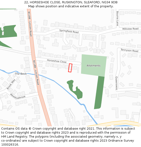 22, HORSESHOE CLOSE, RUSKINGTON, SLEAFORD, NG34 9DB: Location map and indicative extent of plot
