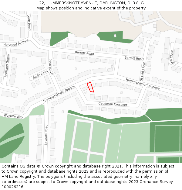 22, HUMMERSKNOTT AVENUE, DARLINGTON, DL3 8LG: Location map and indicative extent of plot