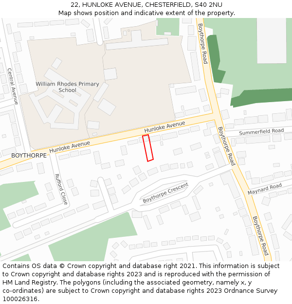 22, HUNLOKE AVENUE, CHESTERFIELD, S40 2NU: Location map and indicative extent of plot