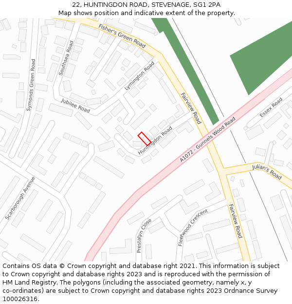 22, HUNTINGDON ROAD, STEVENAGE, SG1 2PA: Location map and indicative extent of plot