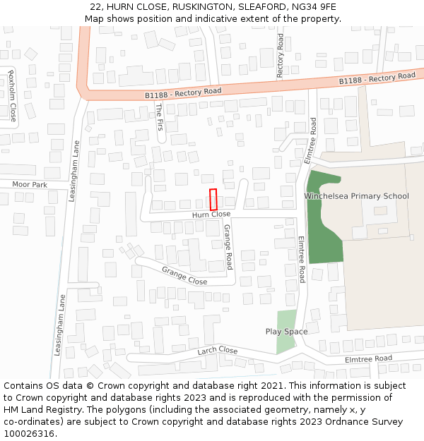 22, HURN CLOSE, RUSKINGTON, SLEAFORD, NG34 9FE: Location map and indicative extent of plot