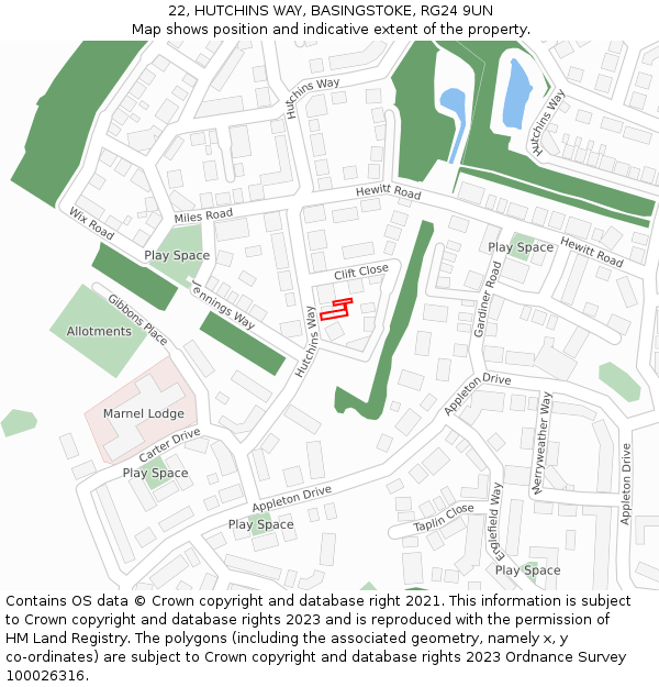 22, HUTCHINS WAY, BASINGSTOKE, RG24 9UN: Location map and indicative extent of plot