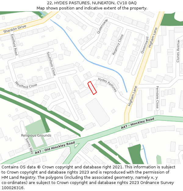 22, HYDES PASTURES, NUNEATON, CV10 0AQ: Location map and indicative extent of plot