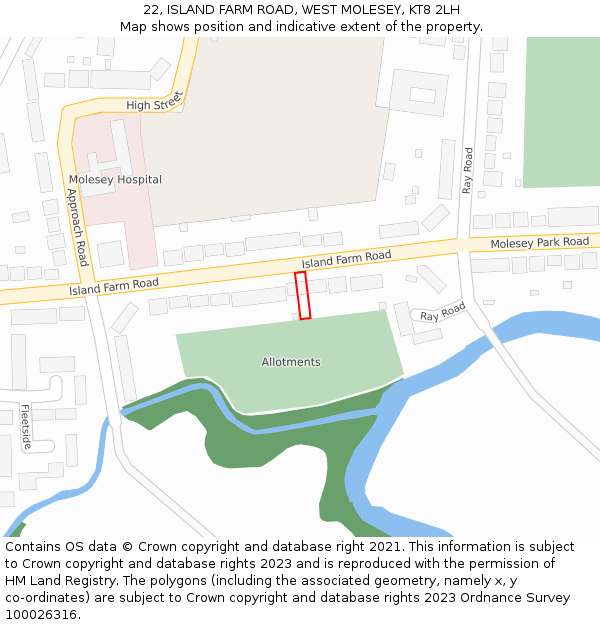 22, ISLAND FARM ROAD, WEST MOLESEY, KT8 2LH: Location map and indicative extent of plot