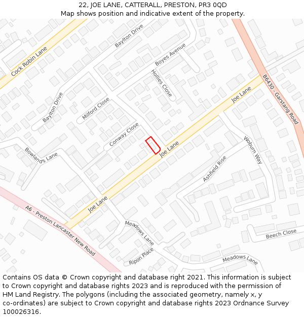 22, JOE LANE, CATTERALL, PRESTON, PR3 0QD: Location map and indicative extent of plot