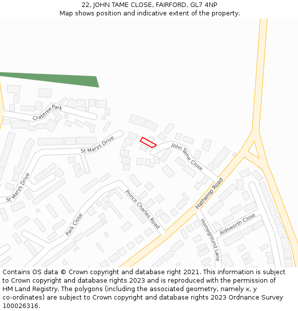 22, JOHN TAME CLOSE, FAIRFORD, GL7 4NP: Location map and indicative extent of plot