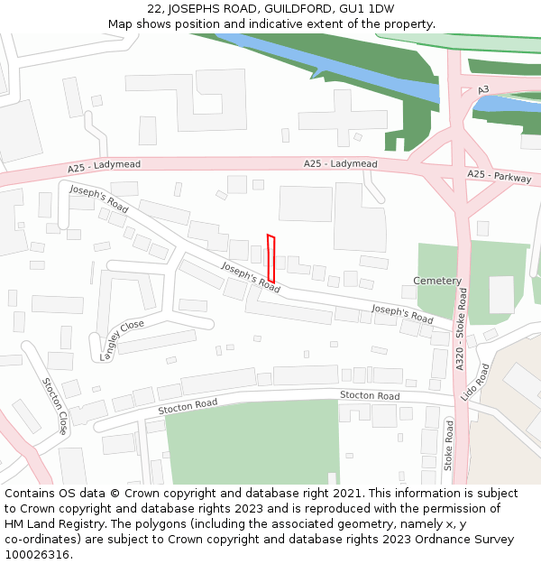 22, JOSEPHS ROAD, GUILDFORD, GU1 1DW: Location map and indicative extent of plot