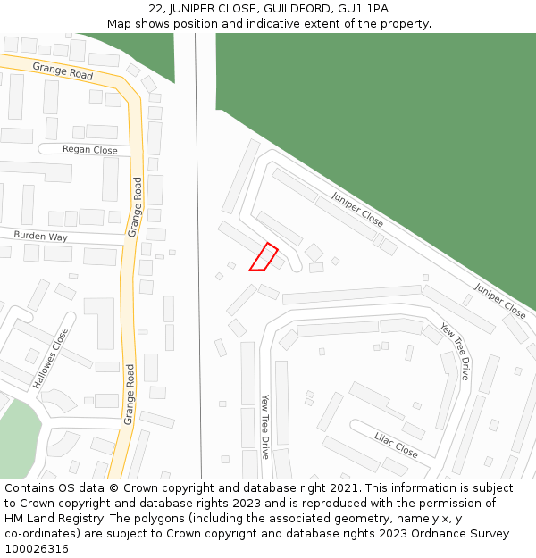 22, JUNIPER CLOSE, GUILDFORD, GU1 1PA: Location map and indicative extent of plot