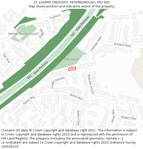 22, JUNIPER CRESCENT, PETERBOROUGH, PE3 9QY: Location map and indicative extent of plot