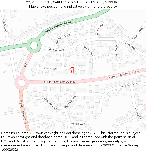 22, KEEL CLOSE, CARLTON COLVILLE, LOWESTOFT, NR33 8GT: Location map and indicative extent of plot
