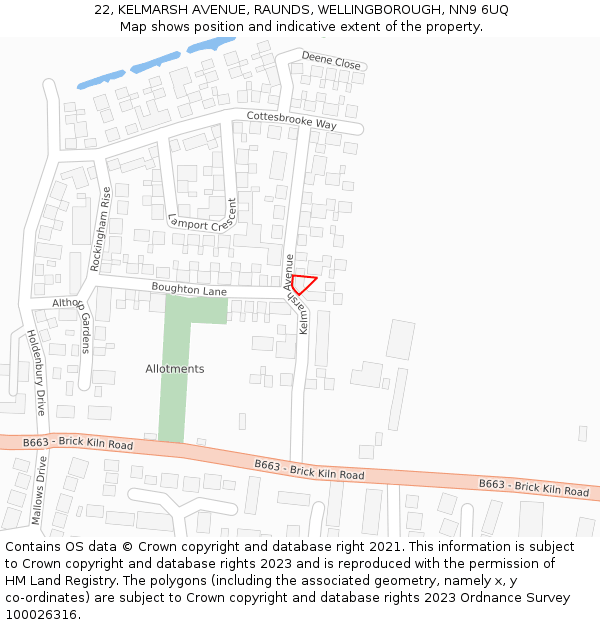 22, KELMARSH AVENUE, RAUNDS, WELLINGBOROUGH, NN9 6UQ: Location map and indicative extent of plot