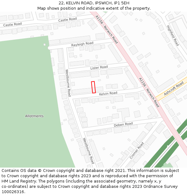 22, KELVIN ROAD, IPSWICH, IP1 5EH: Location map and indicative extent of plot